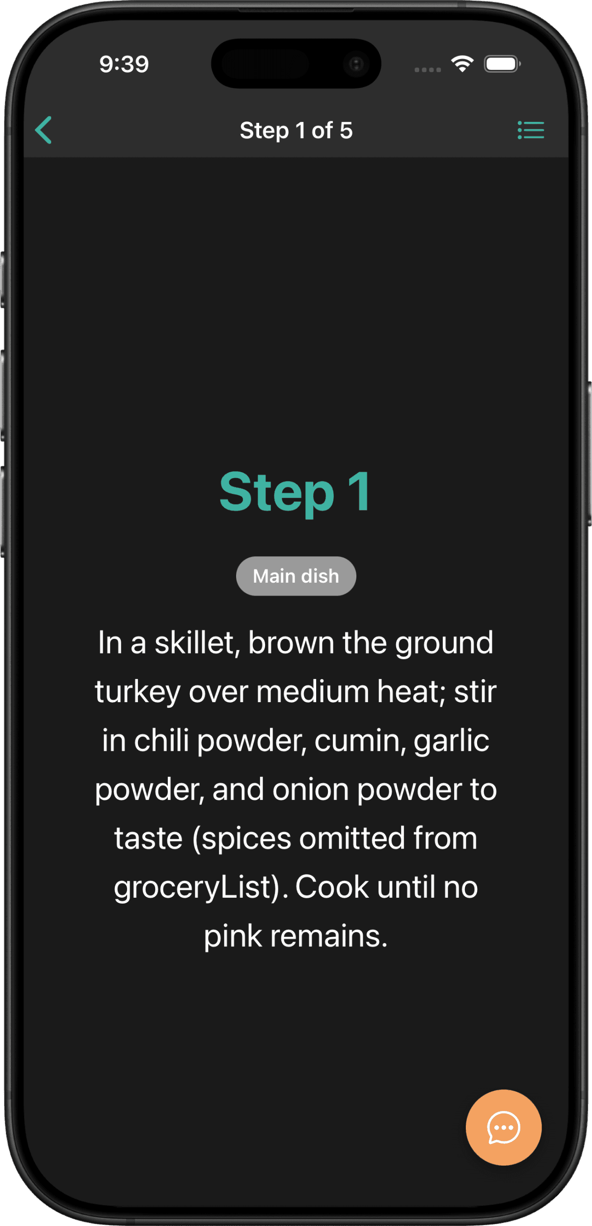 Cooking instructions step-by-step screen