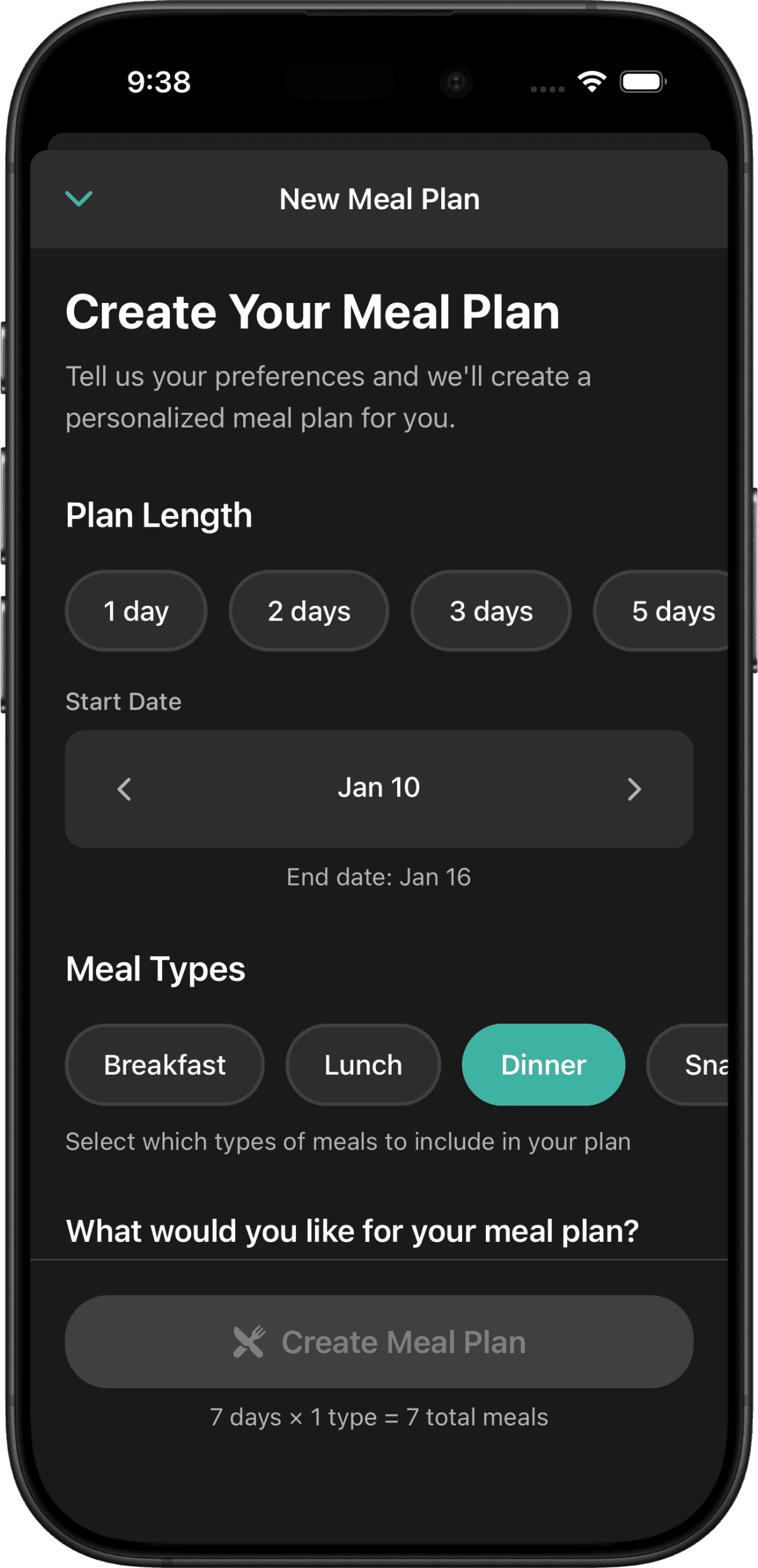 Meal planning calendar interface